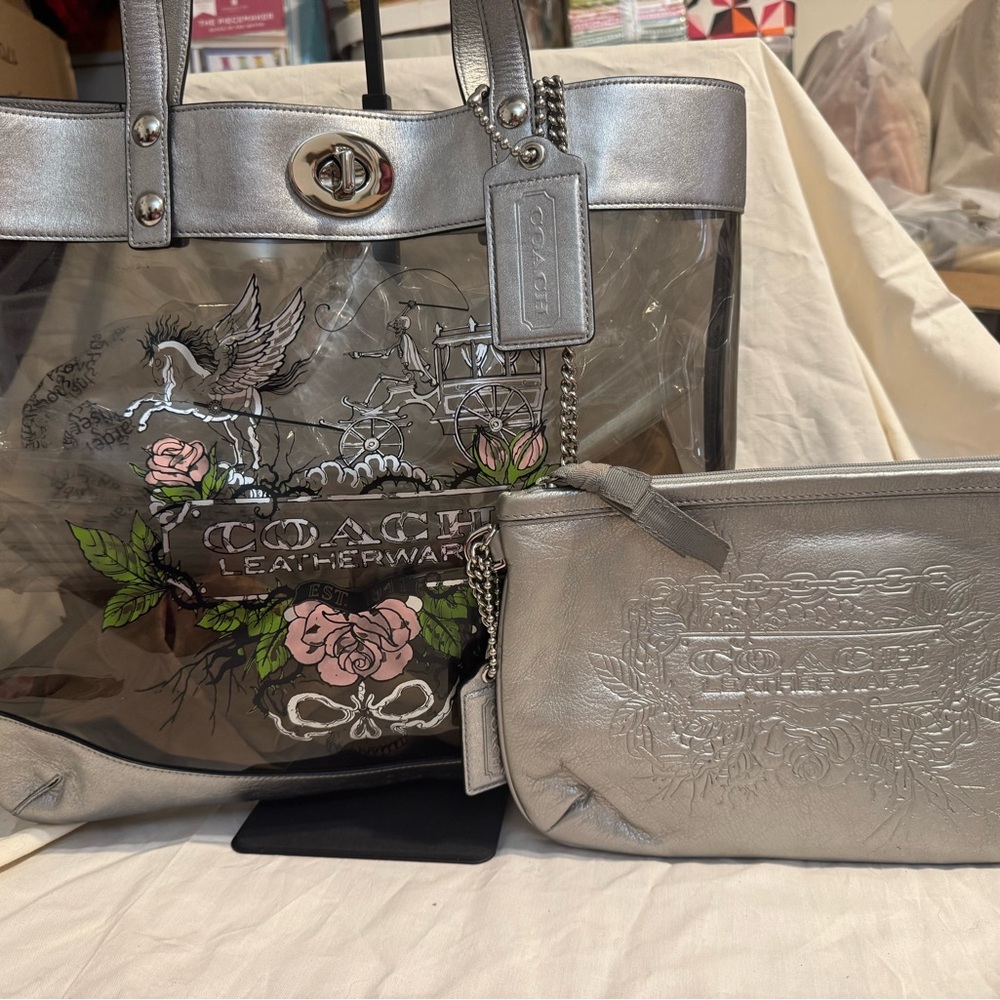 Coach Limited Edition Tattoo Silver and Black Tote Bag/Zipper Pouch Set